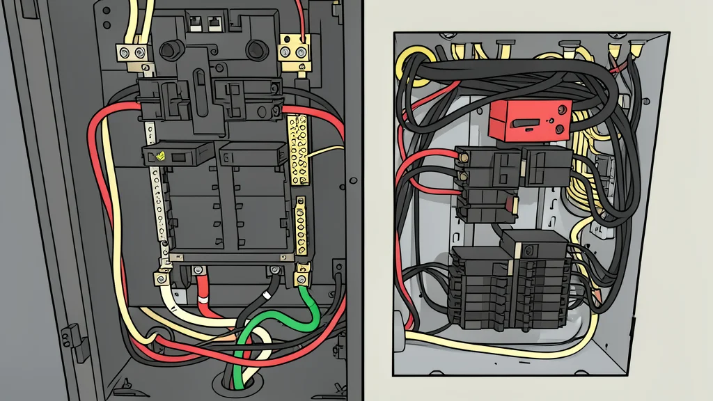 A modern electrical breaker box with a row of black switches and a thick bundle of insulated wires