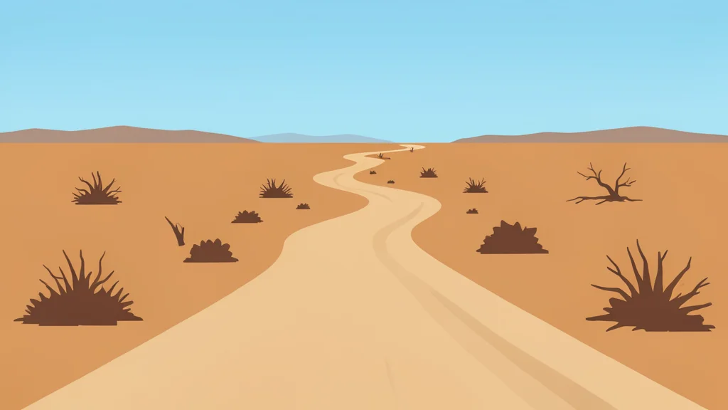 A long, winding dirt road stretching across a dry, arid landscape towards a distant horizon