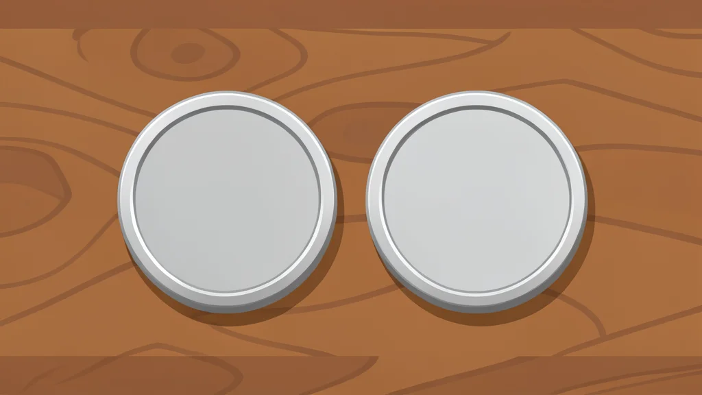 Two distinct currency coins resting on a polished wooden desk surface
