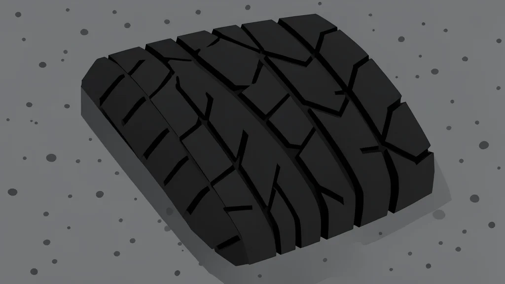 A close-up view of a black rubber tire tread pattern resting on a smooth gray asphalt surface.