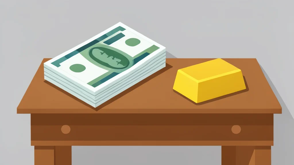 A stack of paper currency and a gold bar on a wooden desk