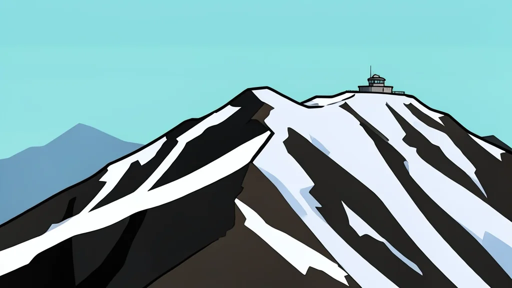 A rugged, snow-dusted mountain ridge with a single military observation post in the distance