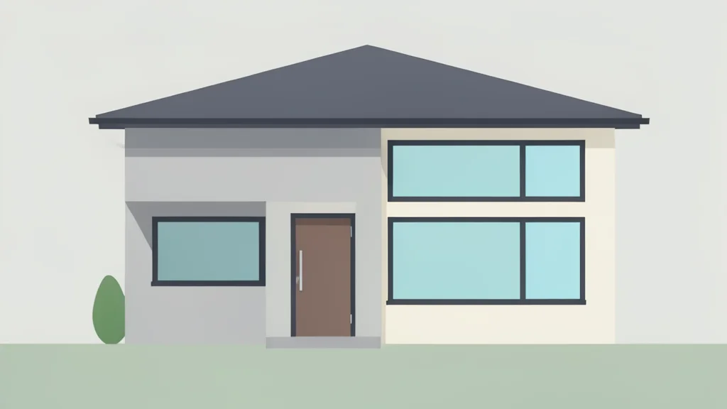 A modern suburban house exterior with a front door and windows
