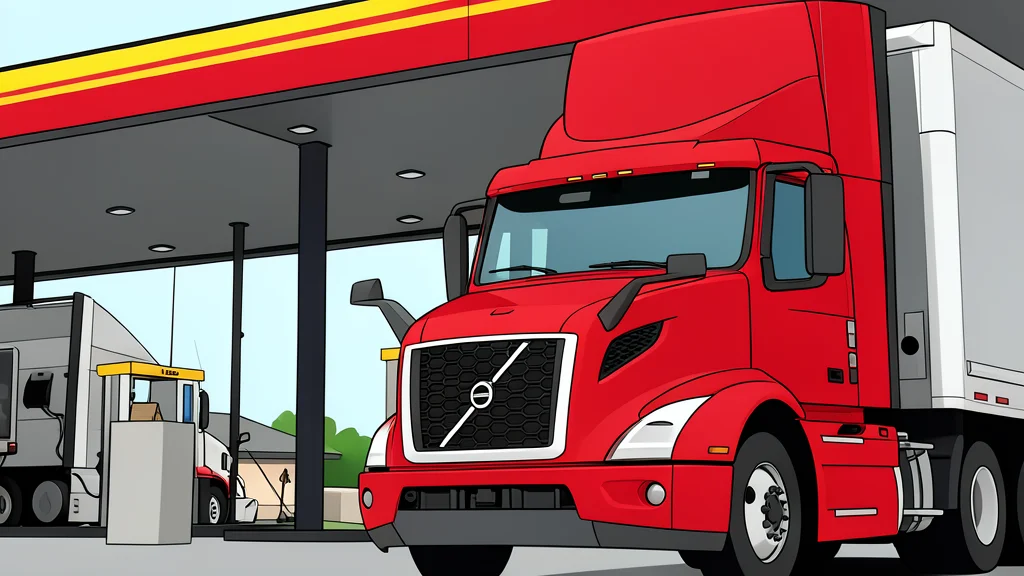 A heavy-duty semi-truck cab parked on an asphalt road next to a fuel pump nozzle