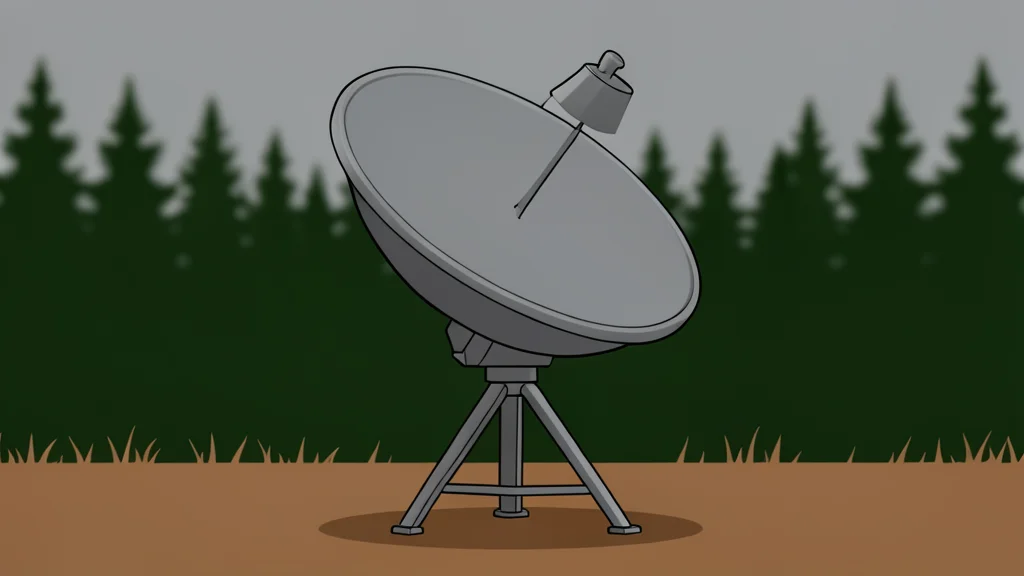A row of tall, grey air defense radar antennas standing on a grassy field under a cloudy sky