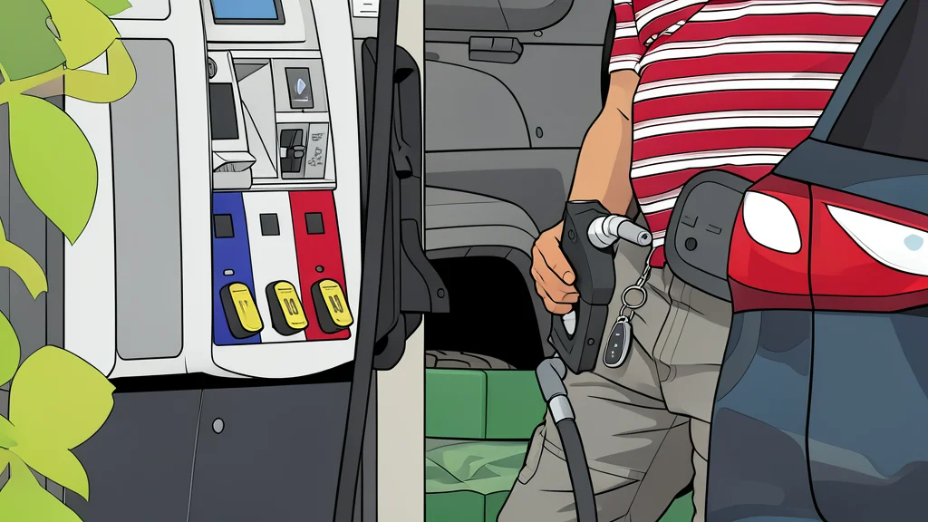 A fuel pump nozzle resting on a concrete surface next to a row of parked delivery trucks
