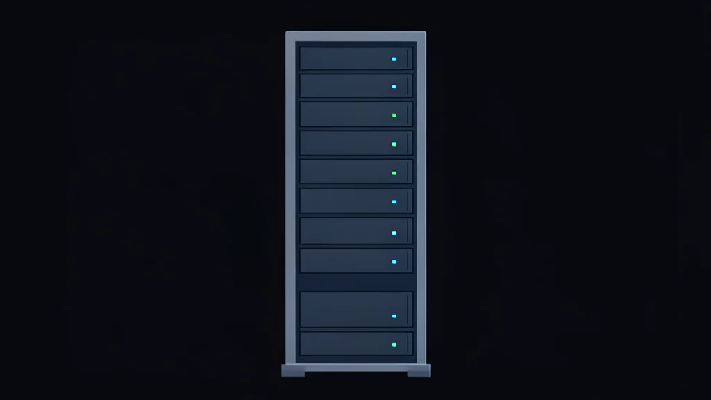 A server rack with blinking status lights in a dark room