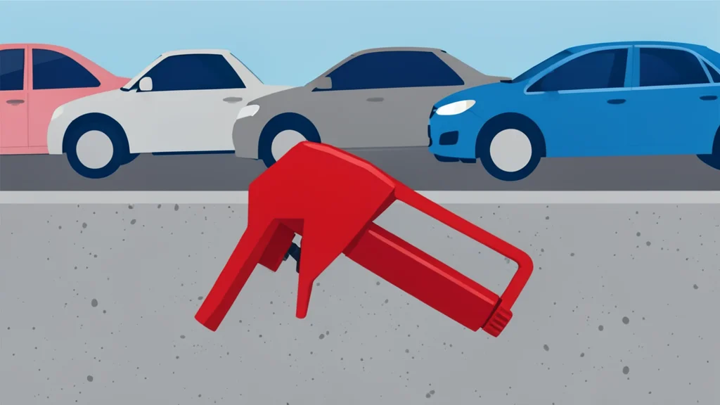 A red fuel pump nozzle rests on gray concrete beside a row of parked cars.