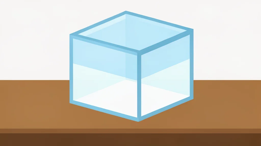 A transparent, layered glass box structure sitting on a wooden desk