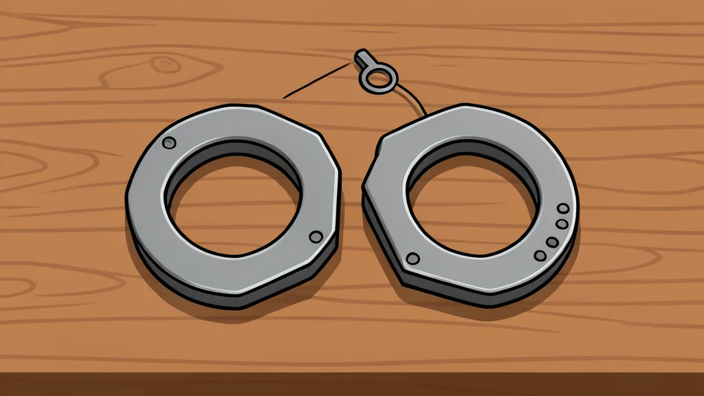 A pair of heavy metal handcuffs resting on a wooden desk surface