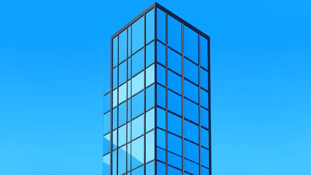 A modern glass skyscraper reflecting a blue sky