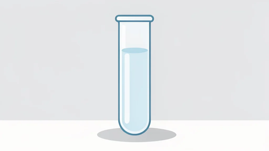 A glass test tube containing a clear liquid sample standing on a white laboratory bench
