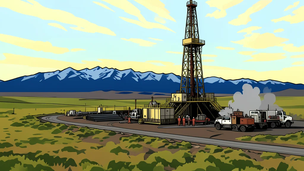 A solitary steel oil derrick standing in a flat, arid landscape under a clear sky