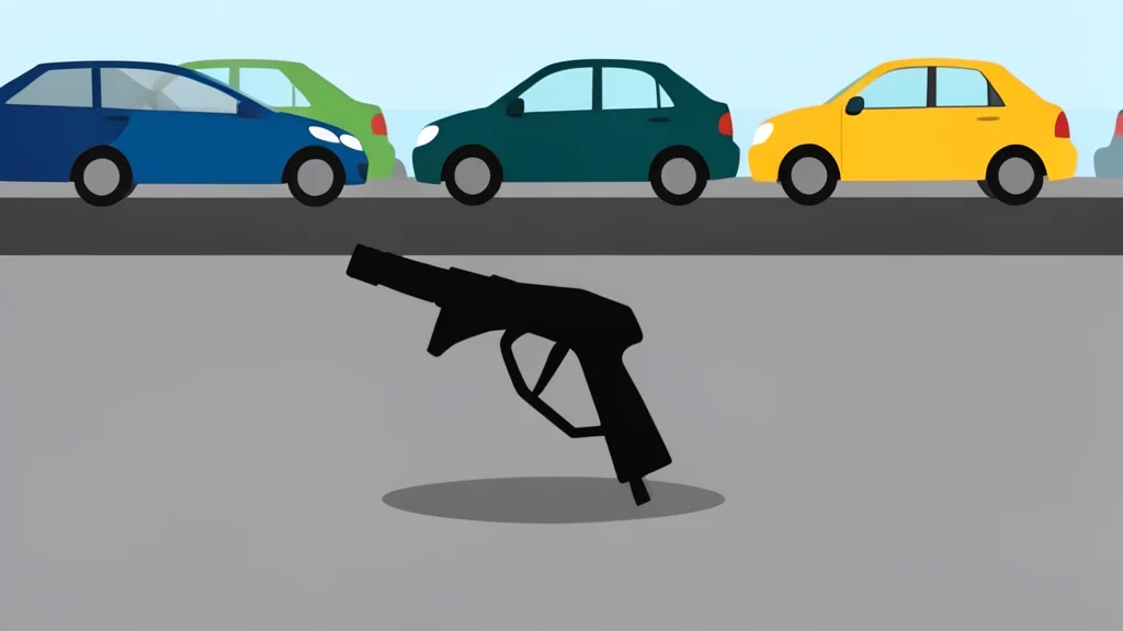 A fuel pump nozzle resting on a concrete surface next to a row of parked cars
