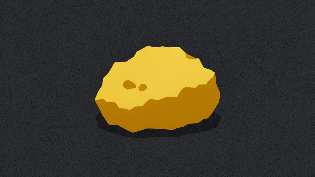 A rough, unrefined gold nugget resting on a dark, textured surface