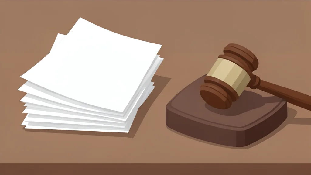 A stack of legal documents and a gavel on a wooden desk
