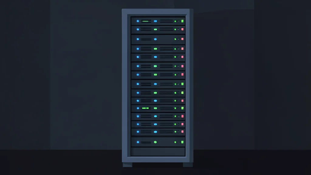A dark server rack with blinking status lights