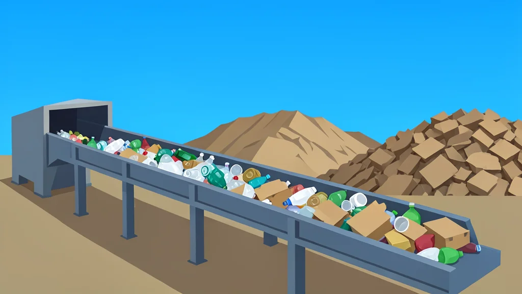 A large industrial waste sorting facility with conveyor belts and piles of mixed recyclables under an open sky