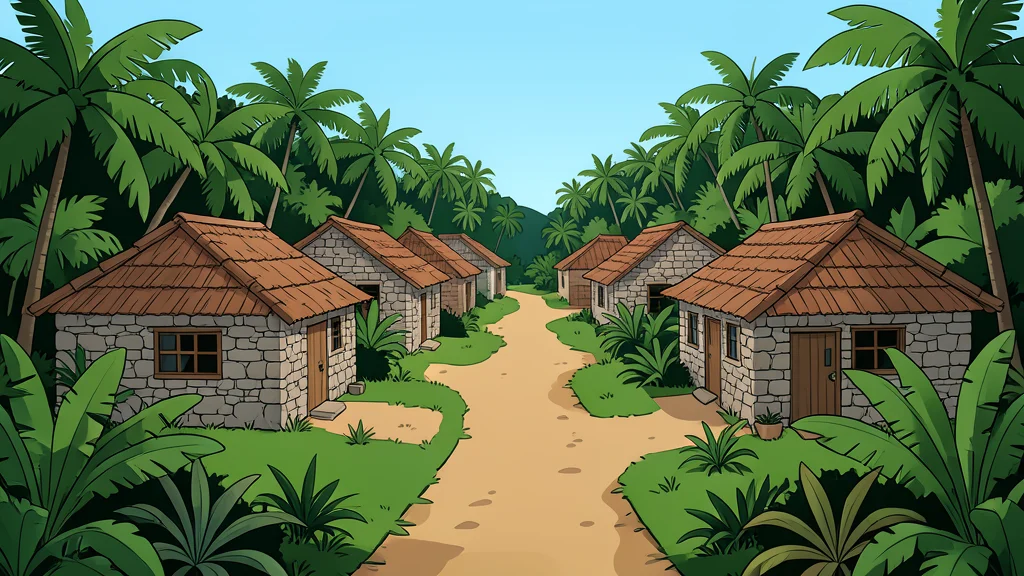 A rural farming village with stone houses and dirt roads surrounded by dense tropical vegetation