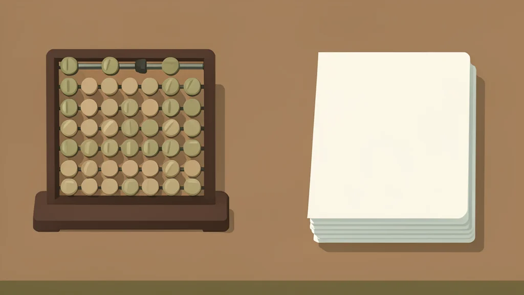 A wooden trading desk featuring a mechanical abacus and a stack of paper ledgers.