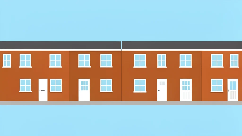 A row of brick townhouses with white-framed windows and front doors