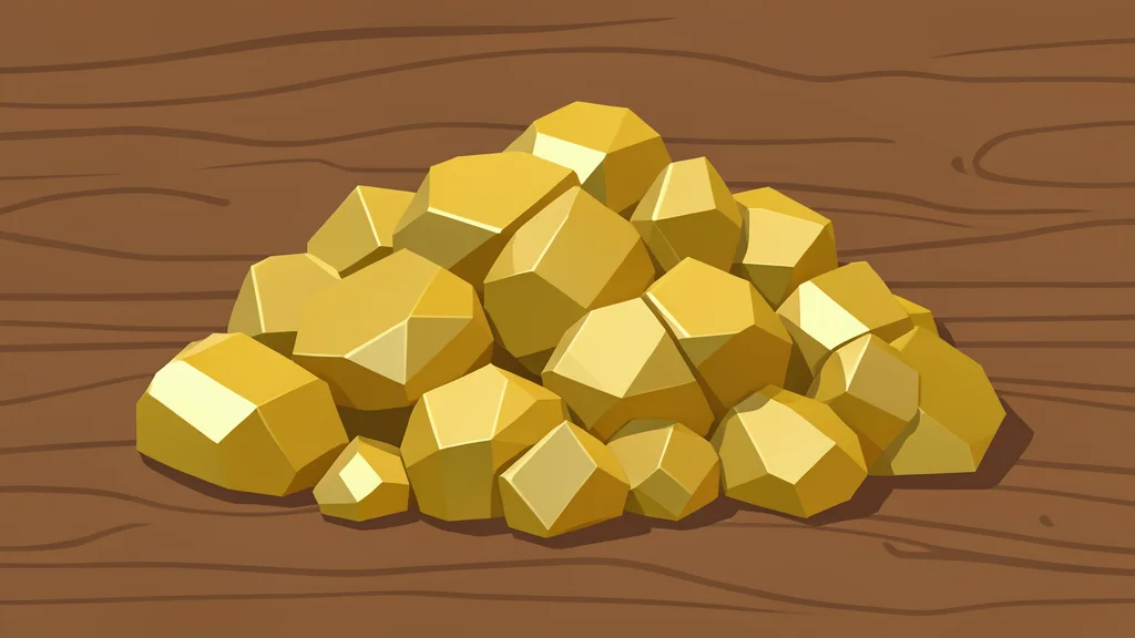 A pile of raw gold ore rocks on a wooden surface