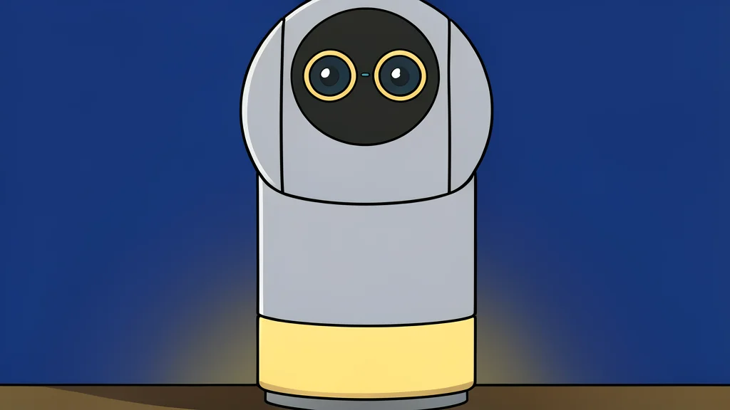 A white cylindrical security camera with a black lens and a small physical shutter cover, sitting on a wooden shelf.