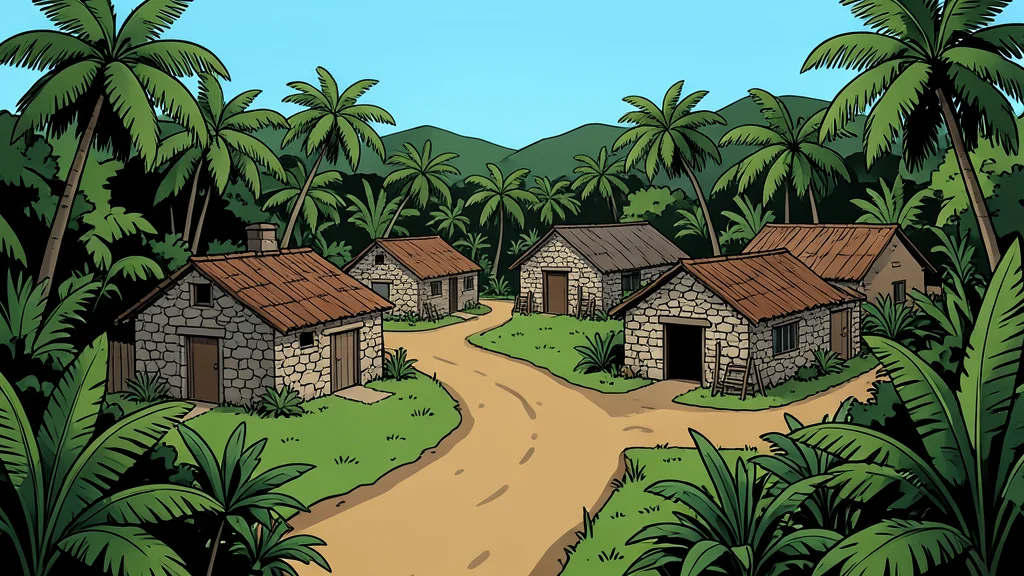 A rural landscape with stone houses and dirt paths surrounded by dense tropical vegetation.
