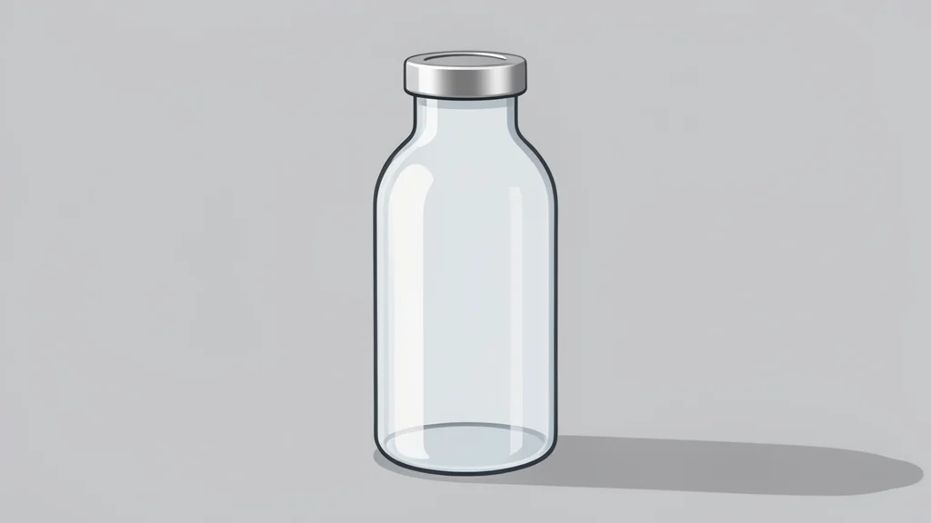 A glass vial containing clear liquid standing on a white laboratory bench.