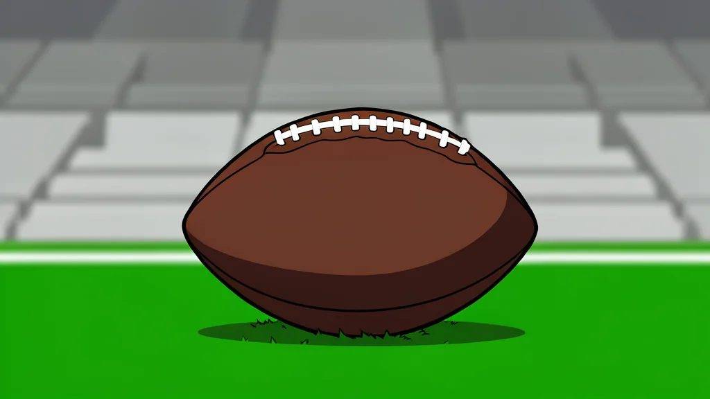 A green football field with white yard lines and a brown leather football resting on the grass