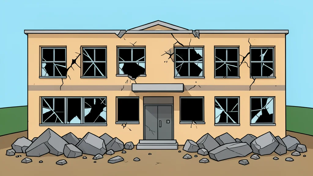A damaged school building with broken windows and rubble on the ground