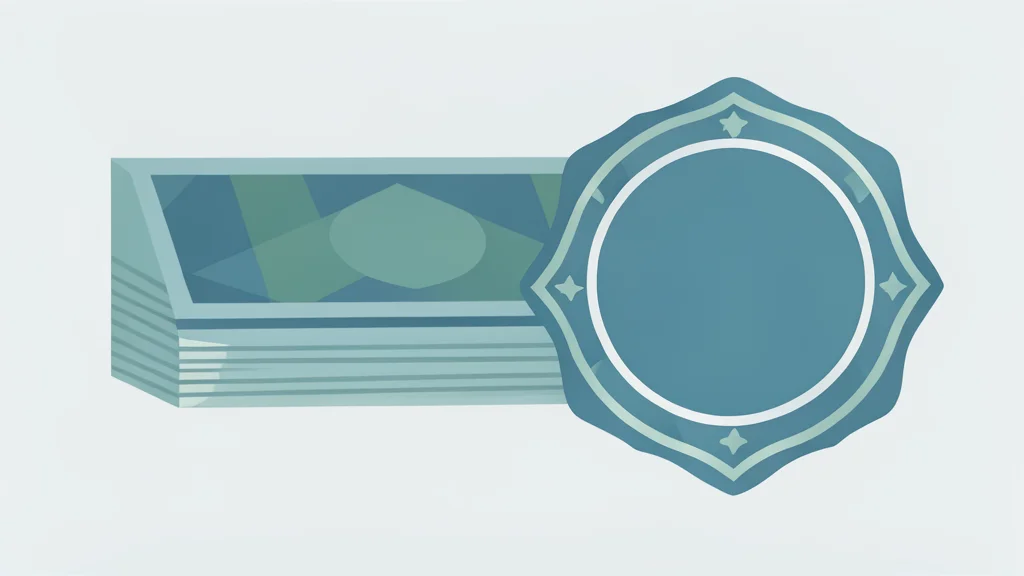 A stack of paper currency resting beside a generic government seal symbol