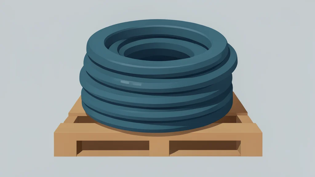 A bundle of thick, insulated electrical cables coiled on a wooden pallet in a warehouse