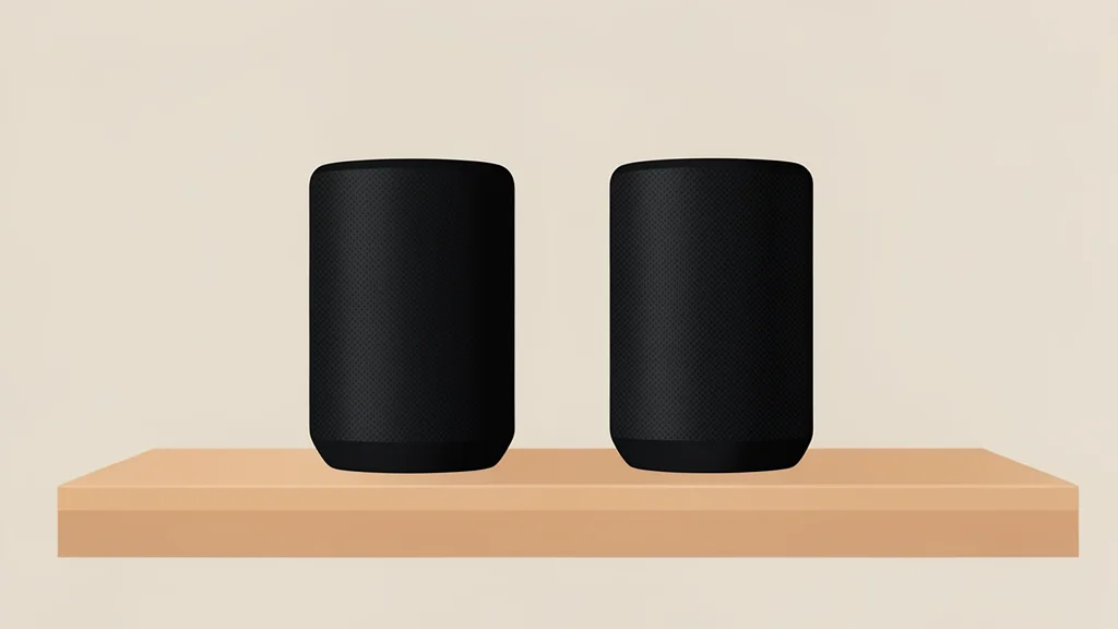 A pair of modern wireless speakers sitting on a wooden shelf