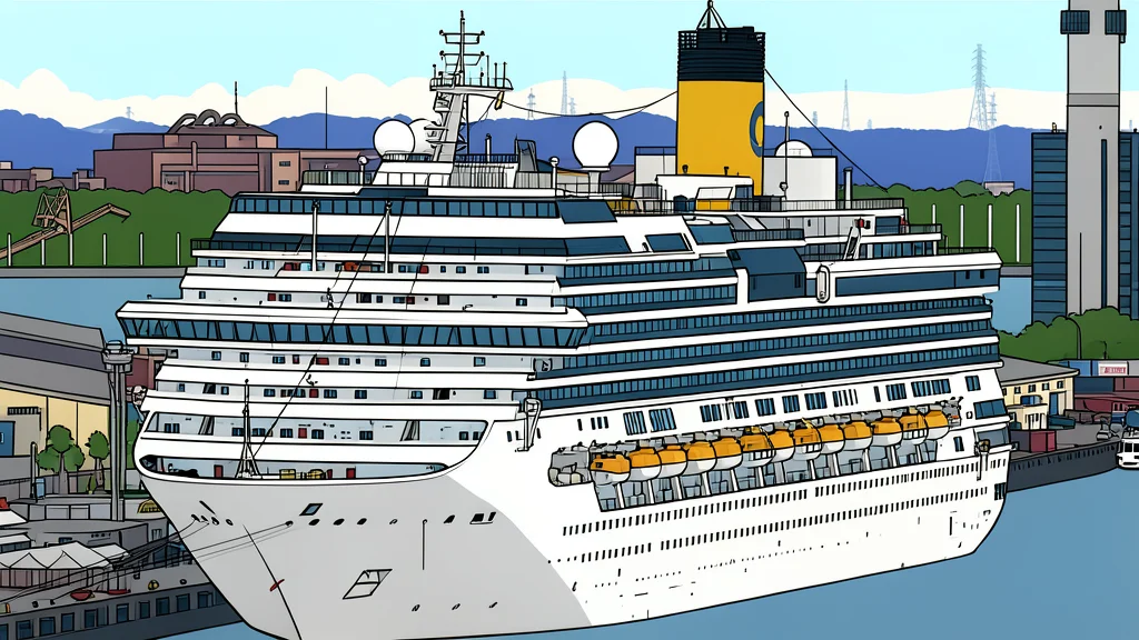 A large white cruise ship docked at a harbor pier with a city skyline in the background