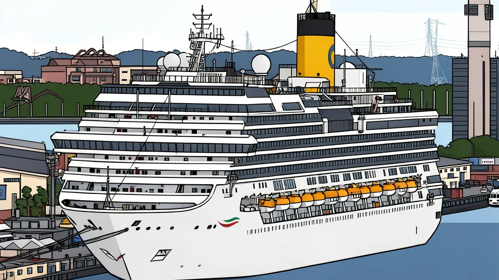 A large white cruise ship docked at a harbor pier with a city skyline in the background