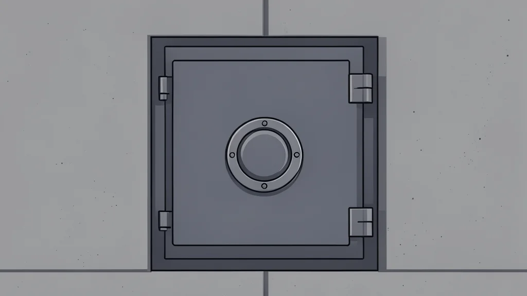 A heavy steel vault door with a circular locking mechanism, set within a concrete wall