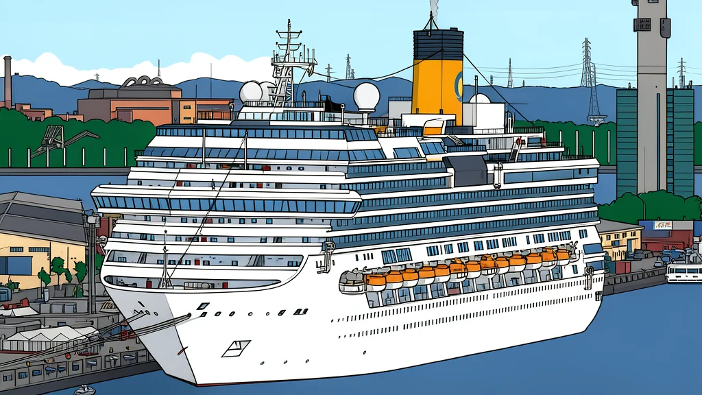 A large white cruise ship docked at a harbor pier with a city skyline in the background
