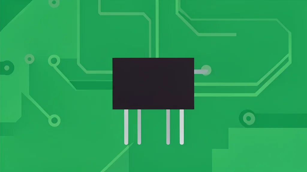 A close-up of a small, black rectangular electronic component with thin metal legs, resting on a green circuit board.