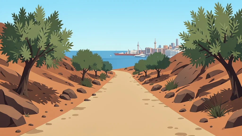 A dusty rural road winding through a dry, rocky landscape with scattered olive trees and a distant view of a coastal port city.