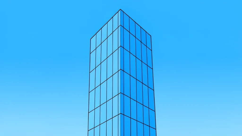 A large, polished glass skyscraper reflecting a clear blue sky
