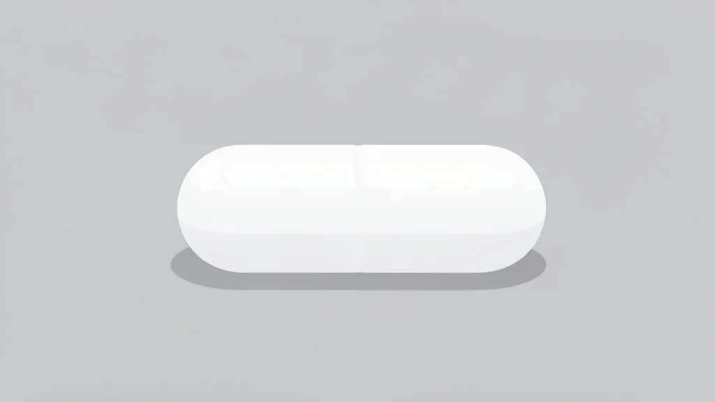 A single white pill capsule lying on a pristine white laboratory surface.