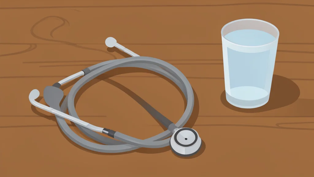 A stethoscope resting on a wooden desk next to a glass of water