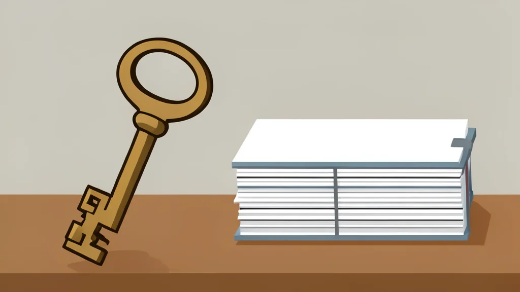 A heavy brass key resting on a wooden surface next to stacked paper ledgers