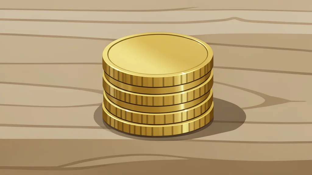 A stack of physical coins resting on a wooden desk
