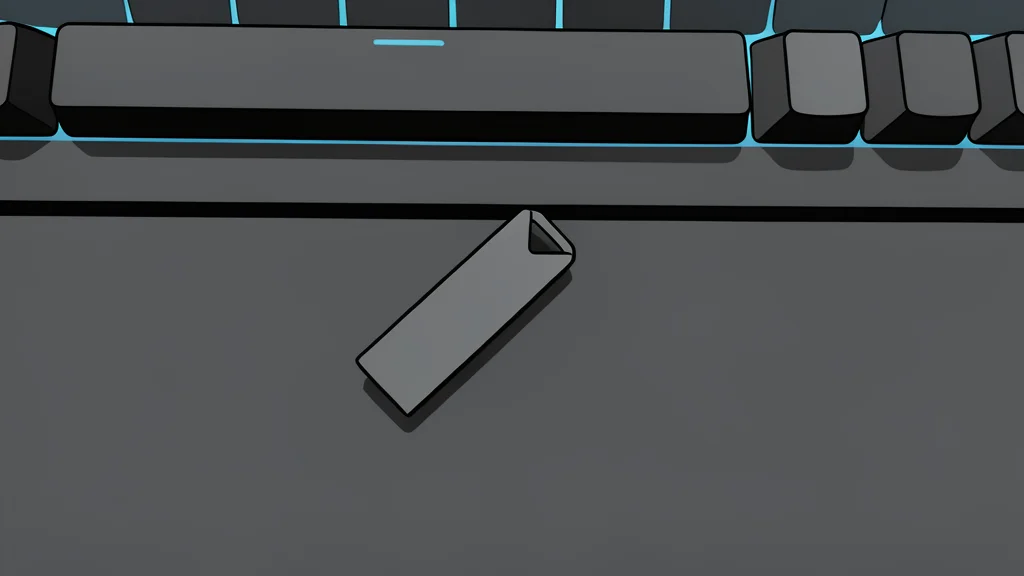 A small, rectangular USB flash drive with a metallic connector resting on a wooden desk surface next to a coiled ethernet cable.