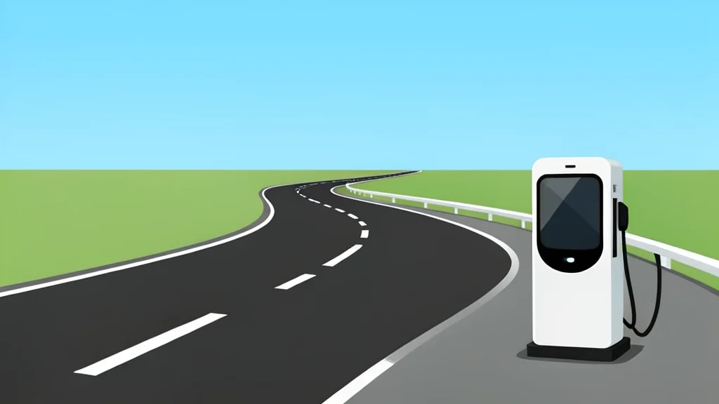 A winding road leading towards a distant horizon with a single electric vehicle charging station visible in the foreground