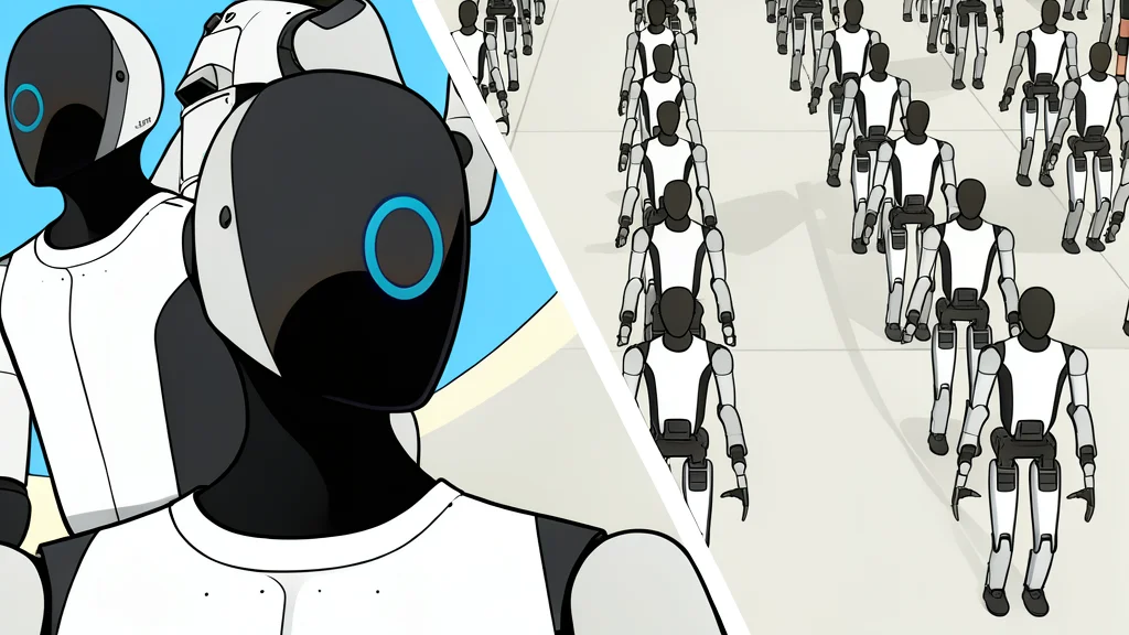 A row of identical humanoid robots standing on a polished factory floor
