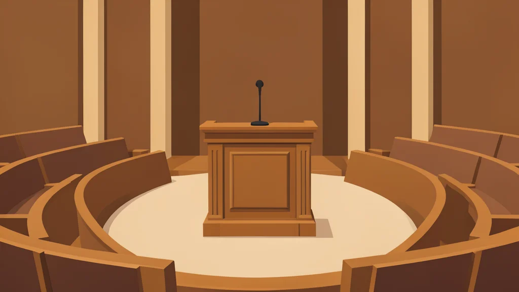 A large, ornate wooden podium with a microphone stand, situated in a vast, empty assembly hall with rows of curved seating.
