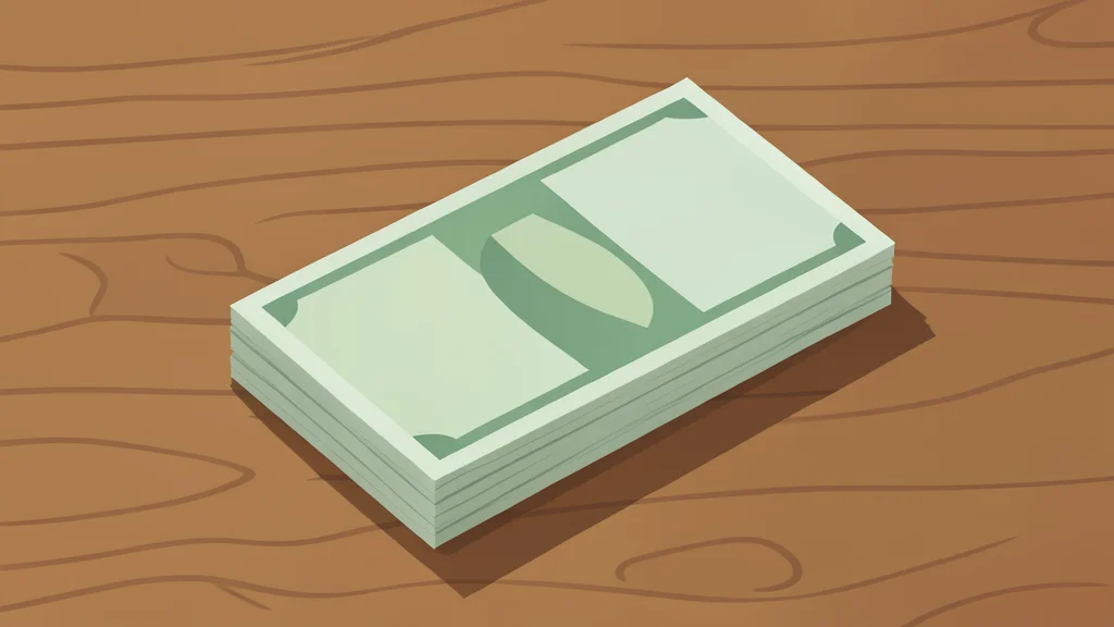 A stack of paper currency bills resting on a wooden desk surface